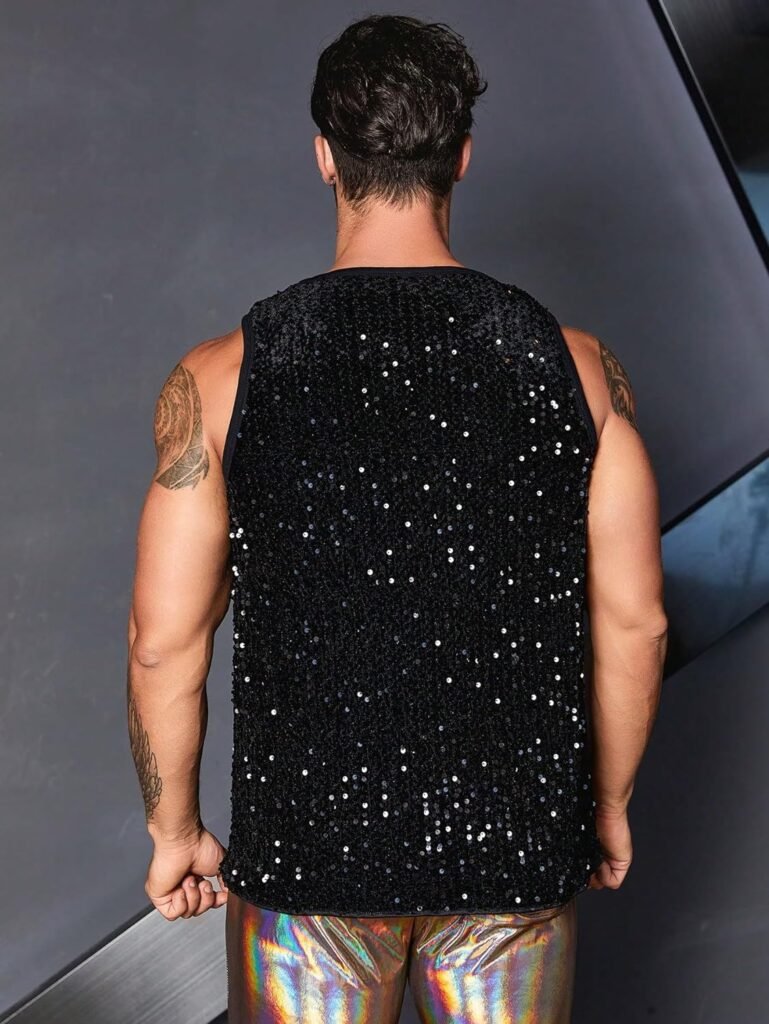 WDIRARA Mens Plus Size Sequin Sleeveless Round Neck Tank Top T Shirt Party Clubwear Top