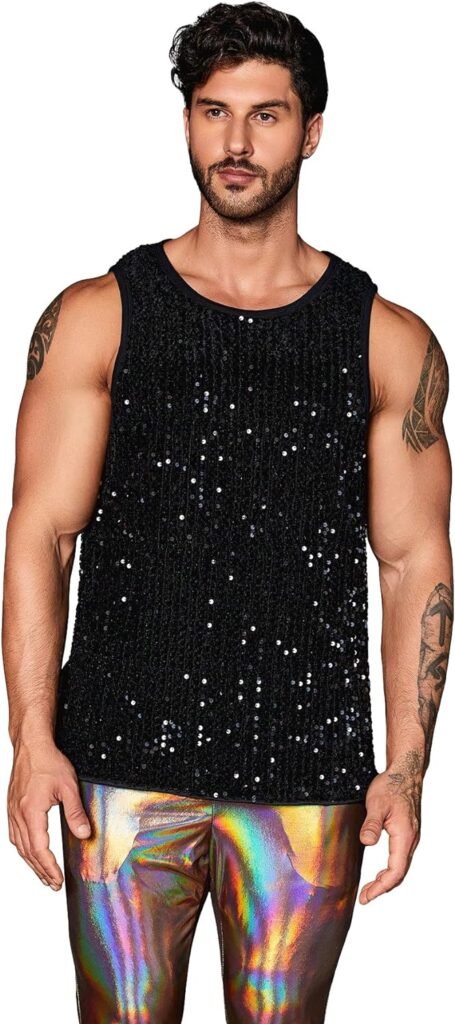 WDIRARA Mens Plus Size Sequin Sleeveless Round Neck Tank Top T Shirt Party Clubwear Top