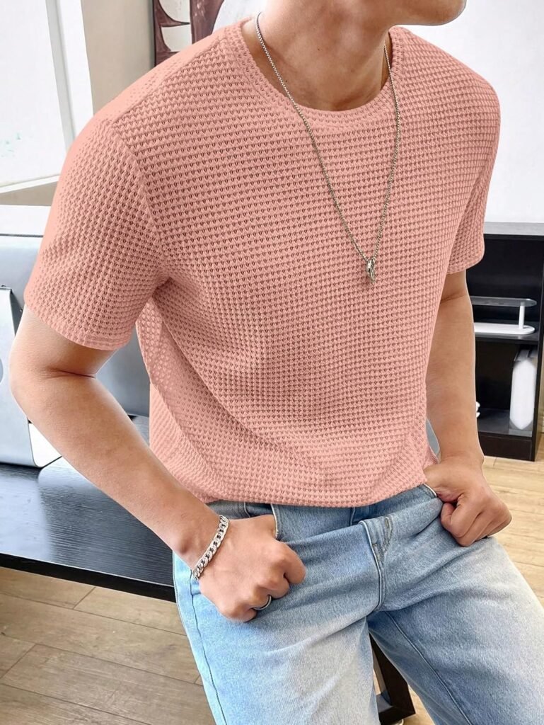 WDIRARA Mens Round Neck Short Sleeve Waffle Knit Tee Summer Casual T Shirt Tops