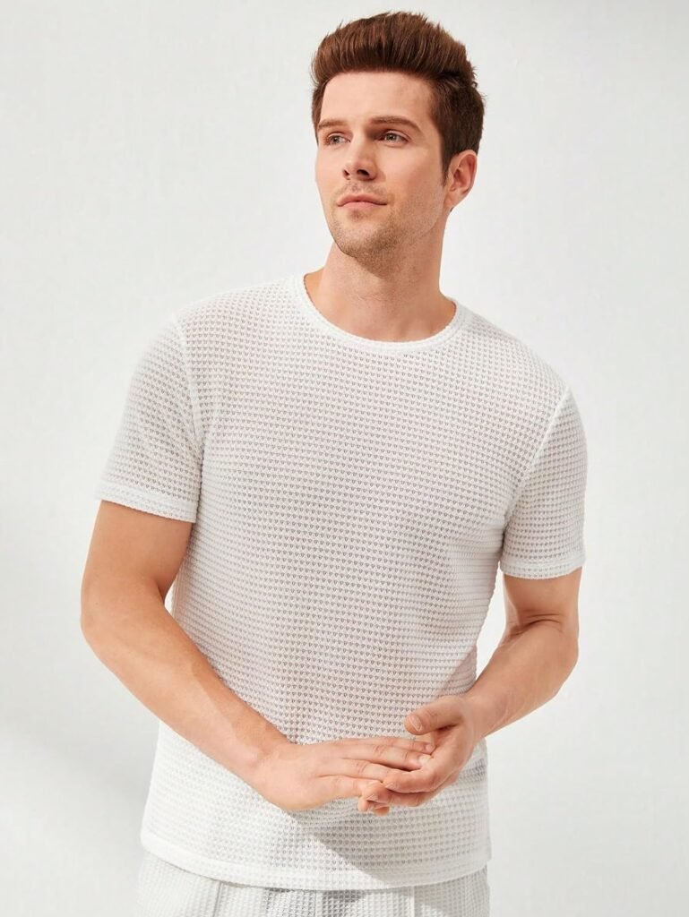 WDIRARA Mens Round Neck Short Sleeve Waffle Knit Tee Summer Casual T Shirt Tops