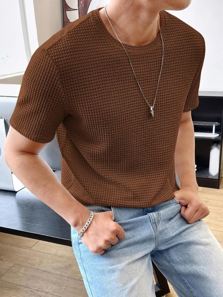 WDIRARA Mens Round Neck Short Sleeve Waffle Knit Tee Summer Casual T Shirt Tops