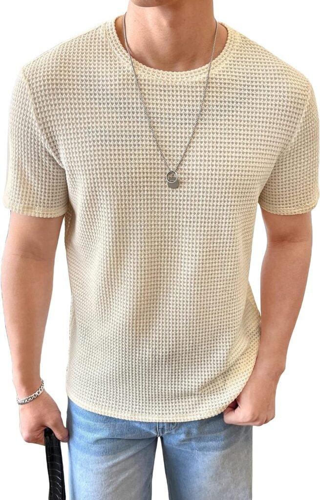 WDIRARA Mens Round Neck Short Sleeve Waffle Knit Tee Summer Casual T Shirt Tops