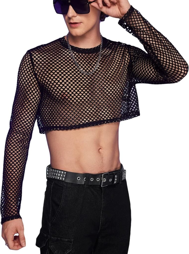 WDIRARA Mens See Through Fishnet Mesh Long Sleeve Sheer Crop Tops Party Club Top