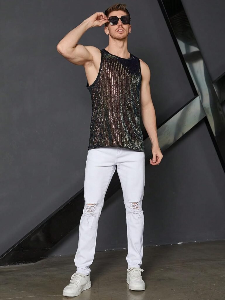 WDIRARA Mens Summer Glitter Sequin Tank Tops Round Neck Sleeveless Party Shirt Top