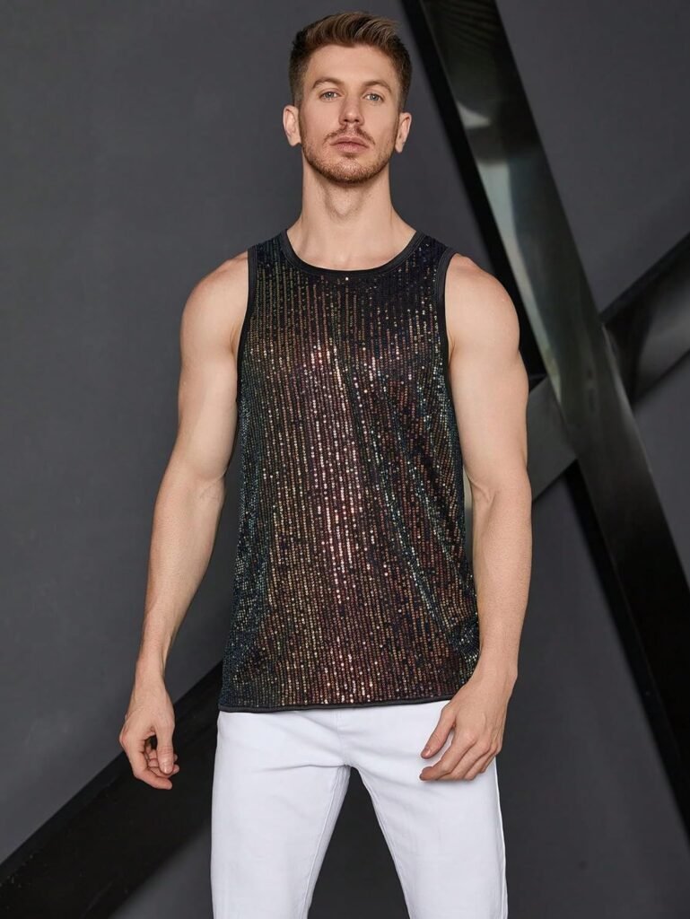 WDIRARA Mens Summer Glitter Sequin Tank Tops Round Neck Sleeveless Party Shirt Top