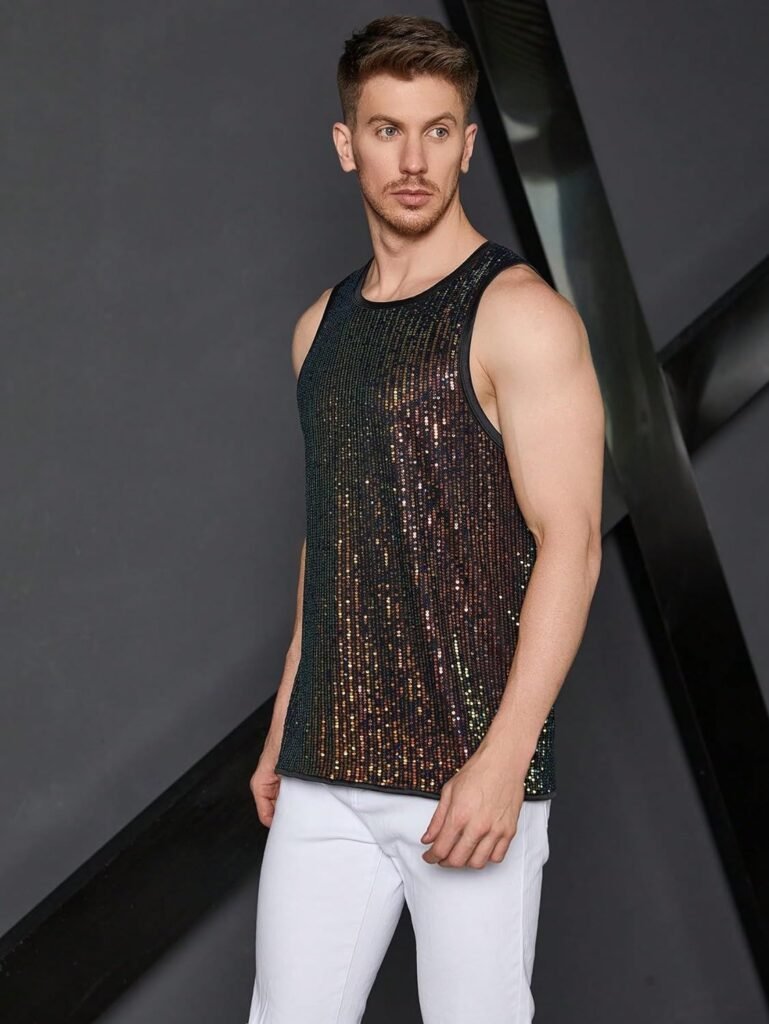 WDIRARA Mens Summer Glitter Sequin Tank Tops Round Neck Sleeveless Party Shirt Top