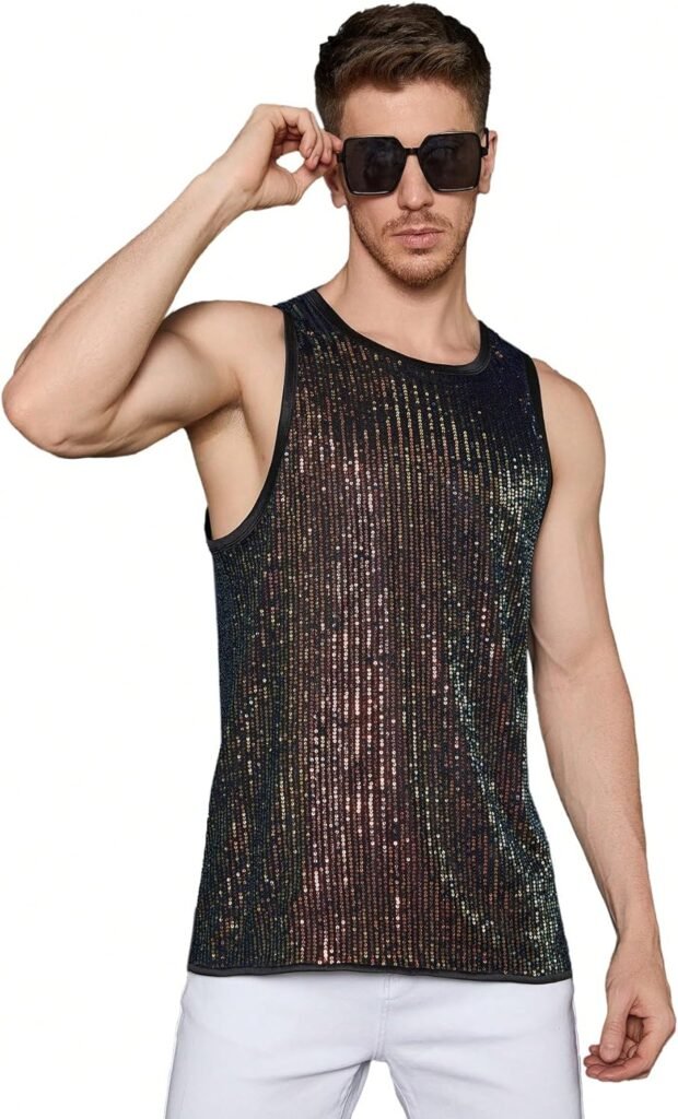 WDIRARA Mens Summer Glitter Sequin Tank Tops Round Neck Sleeveless Party Shirt Top