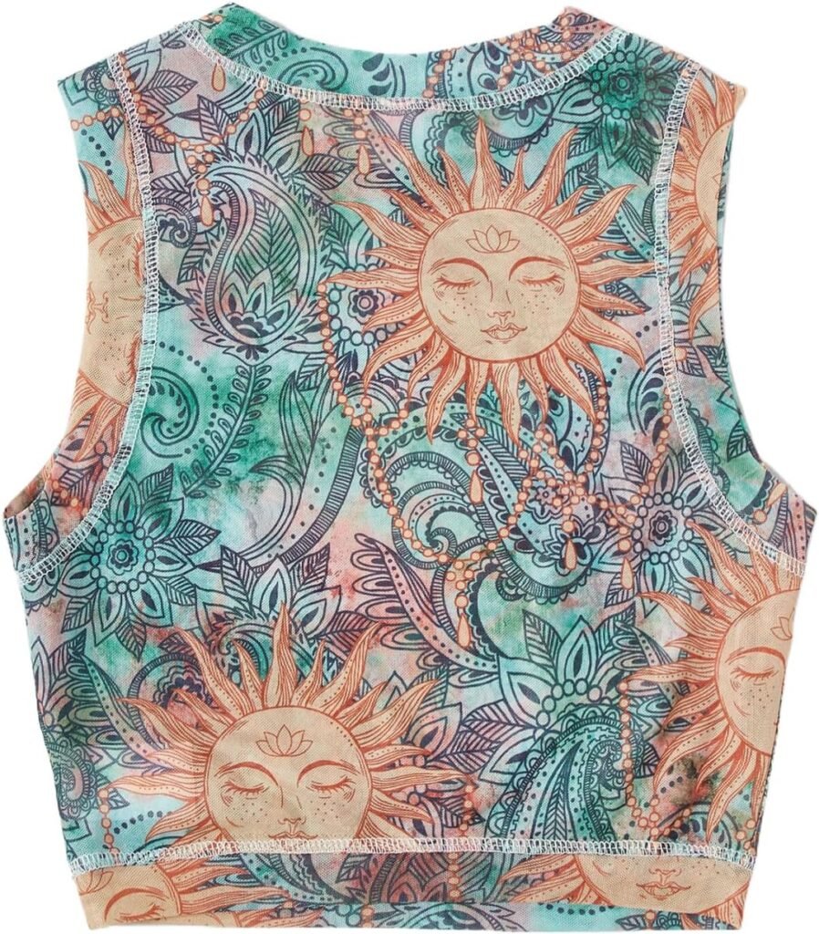 WDIRARA Womens Sun Graphic Print Sheer Mesh Round Neck Slim Fit Crop Tank Top