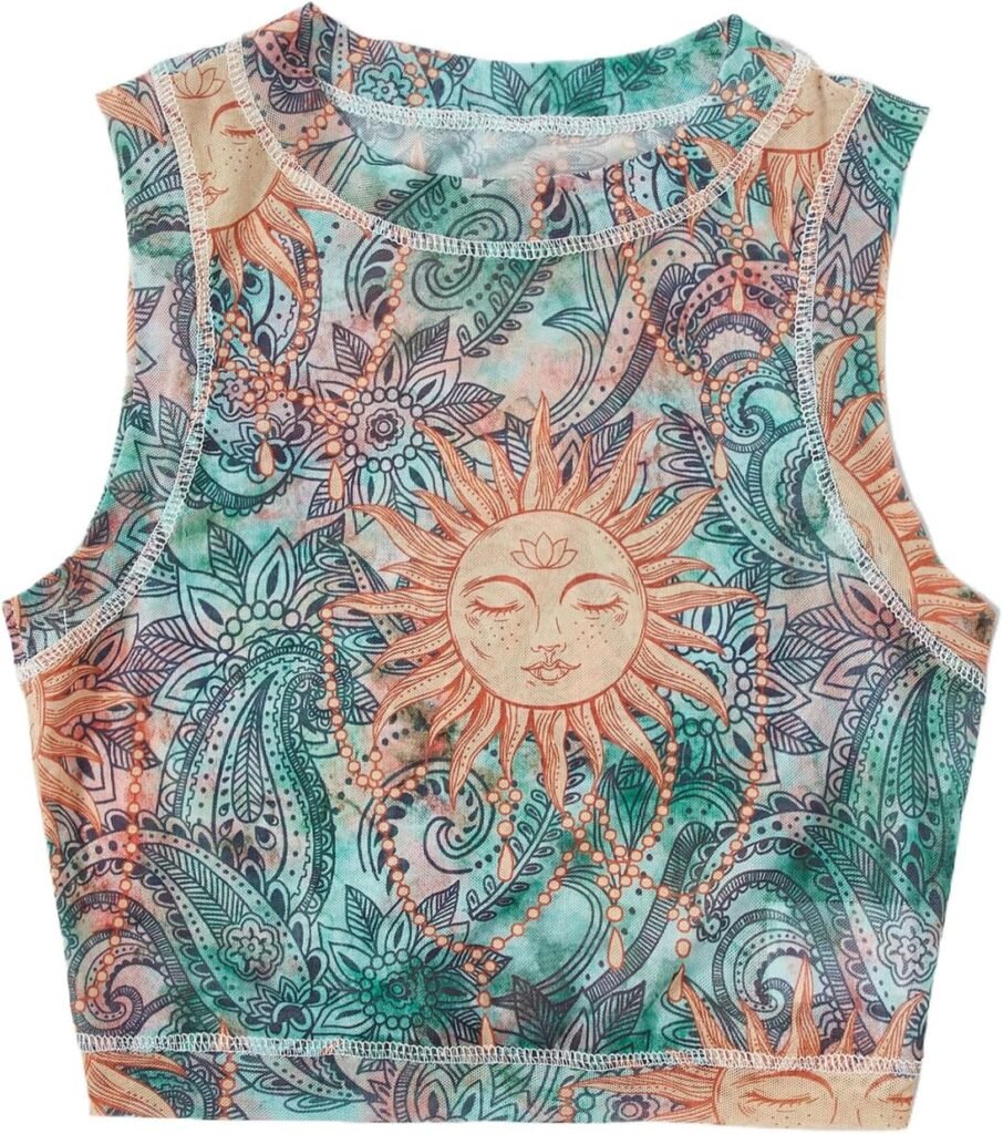 WDIRARA Womens Sun Graphic Print Sheer Mesh Round Neck Slim Fit Crop Tank Top